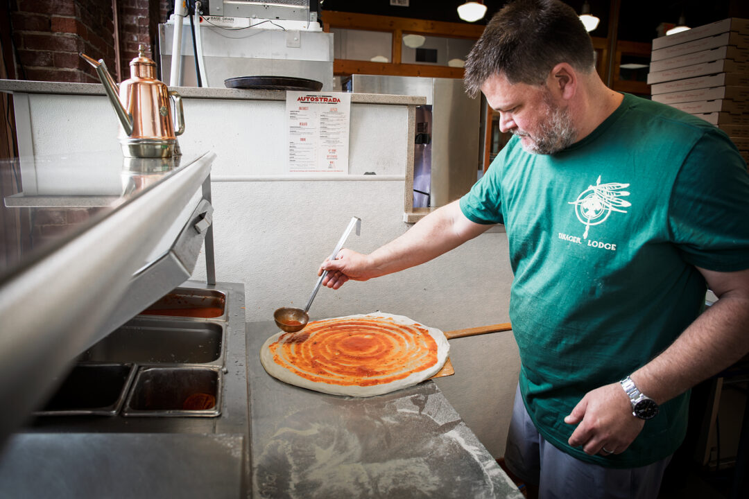 Chef Drew Moore making pizza at Autostrada, Carr Mill Mall, NC